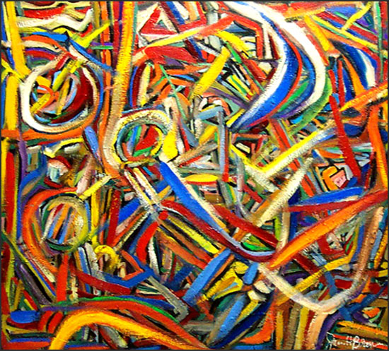 Americana #7: Jackson Pollock style oil painting. Swirly brushstrokes in colors of Orange, Yellow, Blue and Gold. Collect original art by James H Brown: Metro Detroit Artist. 