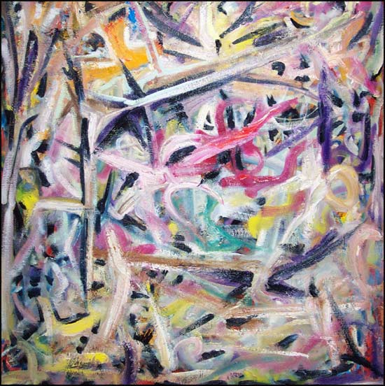 Americana #14: Jackson Pollock style brush strokes in shades of magenta, yellow, red, navy blue and turquoise.  Colorful original abstract art oil painting from Oakland County Michigan painter: James Homer Brown