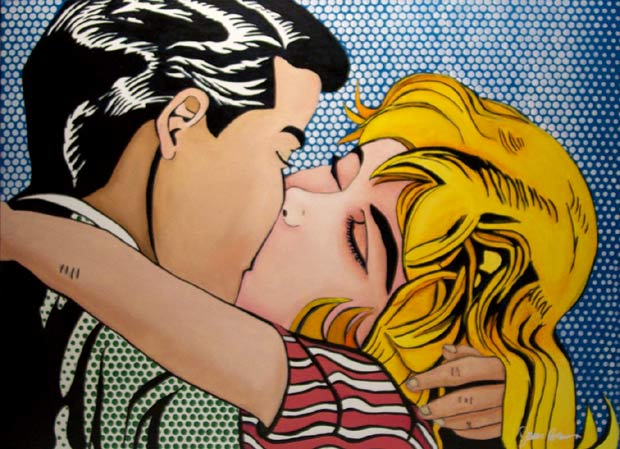 The Kiss #7 - artwork of two people kissing. painted in a "pop art" style with benay dots.