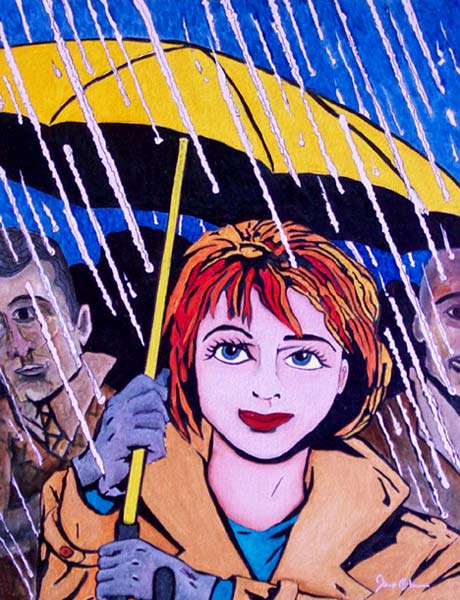 Rain - Pop art painting of a girl with "big eyes". She is standing in the rain and holding a yellow umbrella.