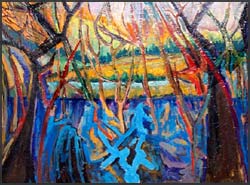 Bayou #5. Artist's Abstract expressionist  painting of Louisiana bayou. Brilliant colors of blue, red and green. 