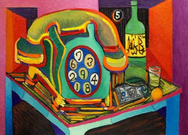 Wrong Number: Colorful Expressionist Abstract art pictures an old style telephone, a liquor bottle and some cash. Artist: James Homer Brown . New York style art from metro Detroit. James Homer Brown, member of the Detroit Art Scene paints colorful original art paintings for corporations, individuals and the movie industry. 