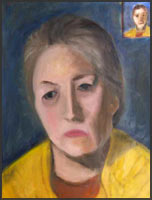 Abstract Portrait #36 -Yellow Woman - Woman in front of a gray background wearing a bright yellow shirt.